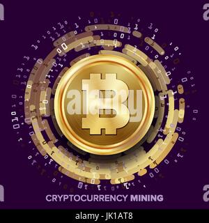 Mining Bitcoin Cryptocurrency vettore. Medaglia d'oro, stream digitale. Il futuristico di denaro. Fintech Blockchain. Elaborazione dati binari operazione di array. Crittografia, tecnologia finanziaria illustrazione Illustrazione Vettoriale