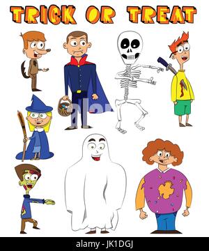 Colorata in stile fumetto halloween kids impostato su sfondo bianco. Illustrazione Vettoriale Illustrazione Vettoriale