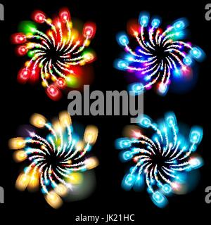 Modellato festosi fuochi d' artificio che esplodevano in varie forme scintillante pittogrammi impostato su sfondo nero astratto isolato di vettore Illustrazione tecnica Illustrazione Vettoriale