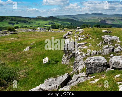 Vista su Ribblesdale di cicatrice Smearsett Ingleborough e da pietre Winskill vicino Stainforth Yorkshire Dales Inghilterra Foto Stock