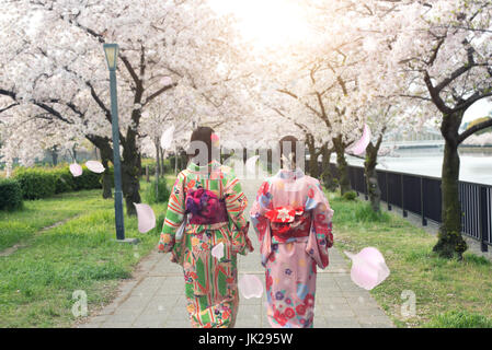 Coppia donne asiatiche indossando il tradizionale kimono giapponese Sakura nel giardino di Osaka in Giappone. Foto Stock