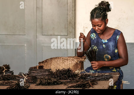 Sambava, Madagascar, Jan 12 : operaio malgascio la fabbricazione di vaniglia in un misterioso laboratorio artigianale nei pressi di Sambava, Madagascar il 12 gennaio 2017 Foto Stock