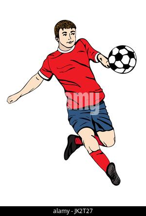 Il calciatore con la palla, vettore di disegno a mano. Giocatore di calcio in un rosso uniforme blu corre e punteggi un obiettivo. Isolato su sfondo bianco. Vector illust Illustrazione Vettoriale