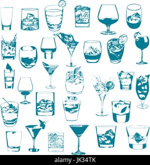 Cocktail set. Vettore Collezione Occhiali. bere cocktail bicchieri di whiskey menu di festa Illustrazione Vettoriale
