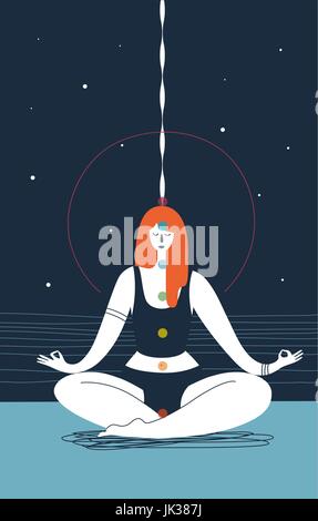 Donna con gli occhi chiusi e sette chakra di colori diversi si siede nella posizione di yoga e medita contro sfondo blu. Concetto di salute fisica e la meditazione. Illustrazione Vettoriale per poster. Illustrazione Vettoriale