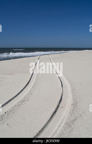 Stati Uniti d'America, New York, Long Island, Il Hamptons, Westhampton Beach, auto tracce nella sabbia Foto Stock