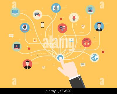 Mano di connessione con le icone dei social media o social network. Concetto e di comunicazione integrata in internet, marketing e business su internet. Appartamento des Illustrazione Vettoriale