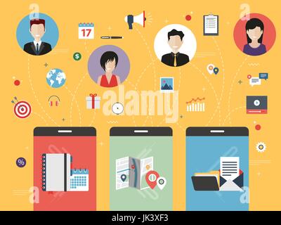 Smart phone con il calendario, la posizione di file e applicazioni di posta elettronica. Icone di persone in cerchi e altre app icone. I concetti di business tra persone, mark Illustrazione Vettoriale