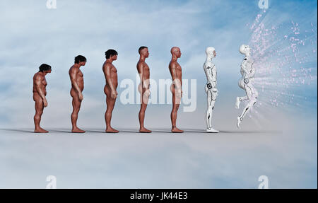 Evoluzione dell'uomo da caveman per esplodere robot Foto Stock