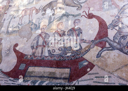 Ambulatorio del Big Game Hunt, mosaici romani nella Villa Imperiale del Casale Villa Romana del Casale, Sicilia, Italia Foto Stock