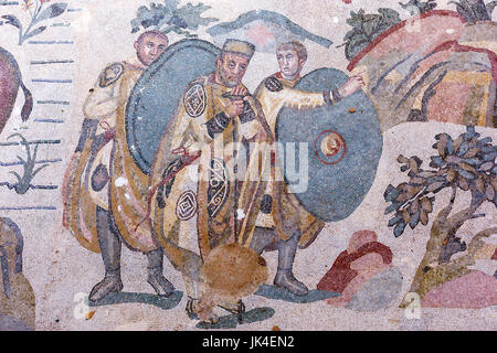 Ambulatorio del Big Game Hunt, mosaici romani nella Villa Imperiale del Casale Villa Romana del Casale, Sicilia, Italia Foto Stock