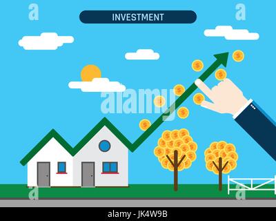 Gli investimenti immobiliari. Casa con il grafico della crescita e delle monete, a mano che mostra il successo di investimento. Concetto di business e lavori innovativi.piatto illustrat vettore Illustrazione Vettoriale