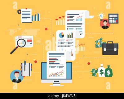 Relazione con gli investimenti dati e grafici e la crescita sullo schermo del computer. Icona di giornale, calcolatrice, denaro, nella valigetta e documenti. Design piatto vettore i Illustrazione Vettoriale