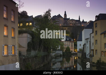 Lussemburgo Il Lussemburgo città, Grund inferiore della città, città, dettaglio, dal fiume Alzette, sera, Foto Stock