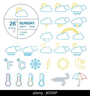 Set di icone della meteorologia e del clima e meteo widget, modello. Illustrazione Vettoriale