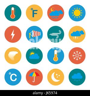 Set di icone della meteorologia e del clima e meteo widget, modello. Illustrazione Vettoriale