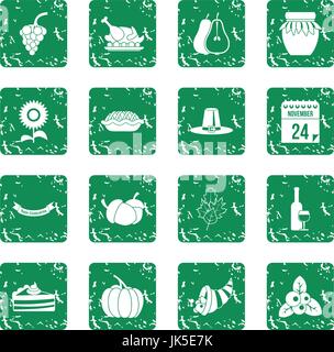 Ringraziamento set di icone in stile grunge verde isolato illustrazione vettoriale Illustrazione Vettoriale