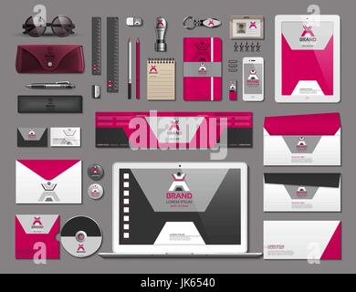 Business corporate identity set di elementi. Vettore articoli lavoro telefono, tablet, mappe, le carte con il logo del marchio. Roba di lavoro Modelli 3D realistici raccogliere Illustrazione Vettoriale