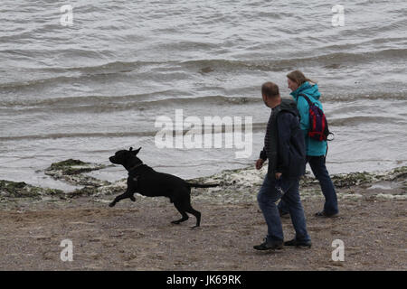 Sandylands Promenade Morecambe Lancashire, Regno Unito. 22 Luglio, 2017. Giovane a piedi il loro cane lungo il bordo delle acque sulla spiaggia Sandylands in Morecambe Credito: David Billinge/Alamy Live News Foto Stock