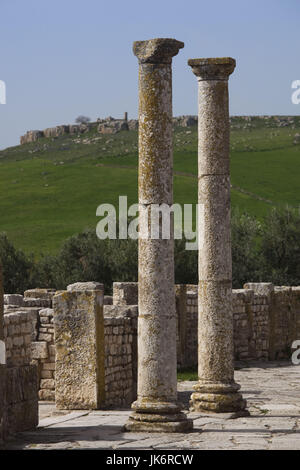 La Tunisia, Central Western Tunisia, Dougga, di epoca romana le rovine della città, sito Unesco, colonne Foto Stock