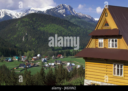 Polen, Karpaten, Hohe Tatra, Zakopane, Stadtansicht, Wohnhaus, dettaglio Hintergrund, Berge Europa, Osteuropa, Rzeczpospolita Polska, Kleinpolen, Tatra-Nationalpark, Nationalpark, Stadt, Kleinstadt, Häuser, Wohnhäuser, Holzhaus, Gebirge, Landschaft, Berglandschaft, Gebirgslandschaft Foto Stock