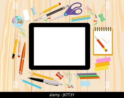 Appartamento moderno illustrazione vettoriale, tablet PC con la scuola forniture per ufficio su sfondo di legno Illustrazione Vettoriale