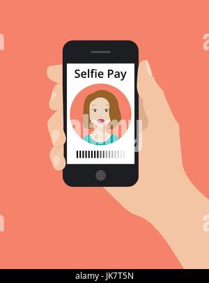 Moderno design piatto illustrazione, mano tenere premuto smart phone, selfie pay concetto. Selfie pay è un trasferimento di denaro metodo con smart phone Illustrazione Vettoriale