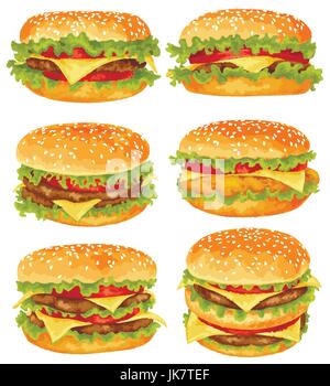 Moderno design ad acquerello illustrazione vettoriale, set di grandi hamburger su sfondo bianco Illustrazione Vettoriale