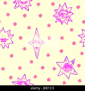 Stelle di forme differenti con facce misteriose, delle labbra e degli occhi e in vecchio stile xilografia stile design, seamless pattern design, sfondo giallo Foto Stock