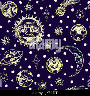 Il sole con la faccia rugosa di un vecchio saggio, giovane la luna, i pianeti, la cometa e stelle di forme differenti con misteriosi volti, design pattern Foto Stock
