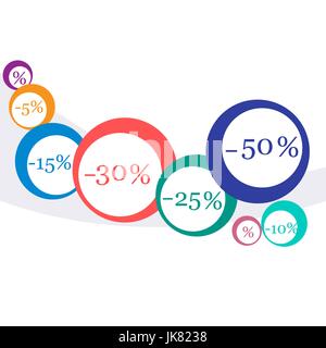 Illustrazione Vettoriale di vari sconti per i mercati e i negozi. Etichetta per il negozio. Vendite stagionali durante l'anno. Illustrazione Vettoriale