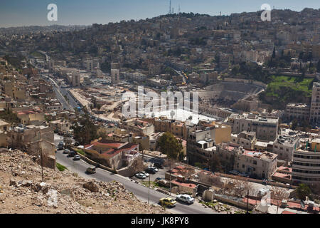 Jordan, Amman, elevated view of Hashemite Square and Roman Theater from the Citadel Foto Stock