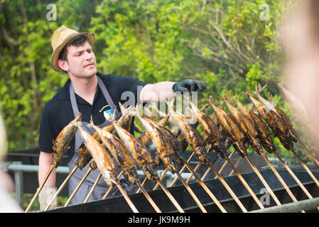 Giovane uomo di toccare il pesce su un bastone come trota,char o whitefisch sopra alla griglia ferve il carbone è un barbecue tradizionale cibo in Baviera, Germania Foto Stock