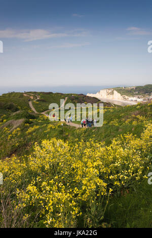 Francia, regione della Normandia, dipartimento Seine-Maritime, Etretat, gli escursionisti per la Falaise De Aval scogliere, NR Foto Stock