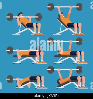 Set di uomo in peso della formazione torace pone di allenamento. Inclinare, declino chest press e Barbell pressa da banco. Illustrazione Vettoriale