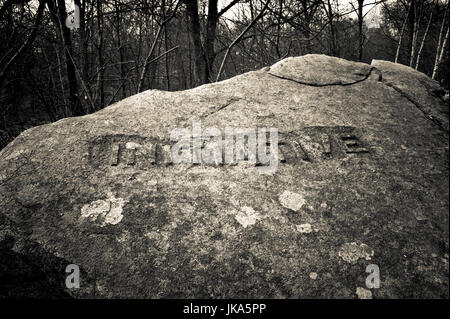 Stati Uniti d'America, Massachusetts, Gloucester, Dogtown rocce con parole ispiratrici, iniziativa Foto Stock