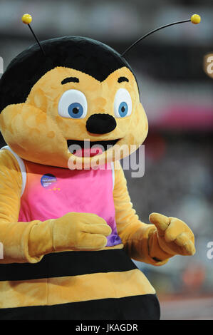 Whizbee, la mascotte ufficiale del 2017 World Para atletica campionato a Londra Stadium, Queen Elizabeth Olympic Park. Foto Stock