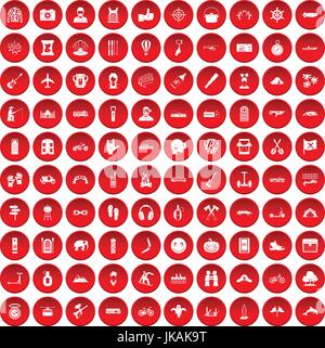 100 avventura set di icone di colore rosso Illustrazione Vettoriale