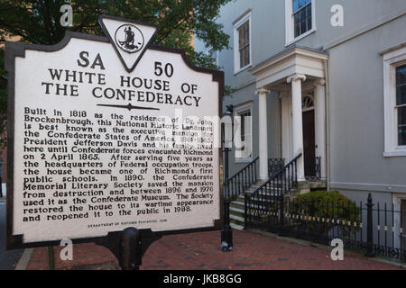 Stati Uniti d'America, Virginia, Richmond, ex casa bianca della Confederazione, segno Foto Stock