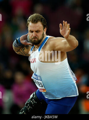 Gran Bretagna Aled Davies compete nell'Uomo ucciso mettere F42 Final durante il giorno nove del 2017 World Para di Atletica a Londra Stadium. Foto Stock