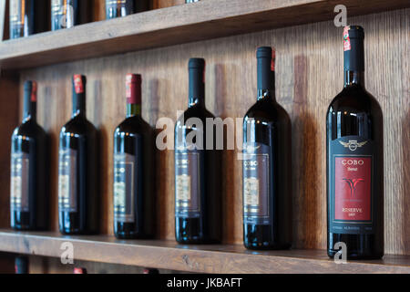 Albania, Berat-zona, Vajgurore, cantina di Cobo, bottiglie di vino Foto Stock