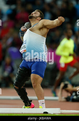 Gran Bretagna Aled Davies compete nell'Uomo ucciso mettere F42 Final durante il giorno nove del 2017 World Para di Atletica a Londra Stadium. Foto Stock