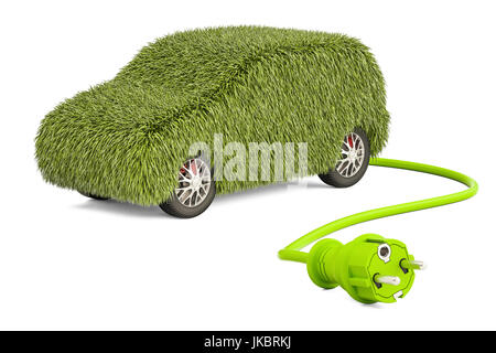 Auto elettrica Il concetto di carica. Auto da erba con spina elettrica, 3D rendering isolati su sfondo bianco Foto Stock