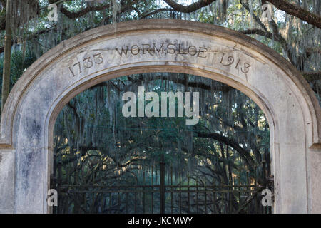 Stati Uniti d'America, Georgia, savana, Wormsloe sito storico dello stato, il cancello di ingresso alla ex Wormsloe Plantation Foto Stock