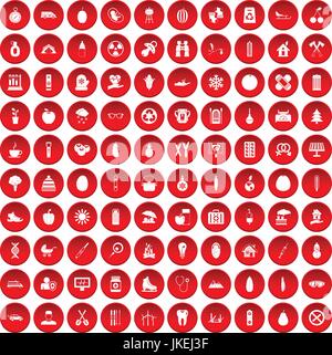 100 La salute dei bambini set di icone di colore rosso Illustrazione Vettoriale