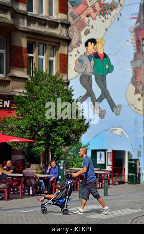 Bruxelles, Belgio. Murale su Fumetto percorso: 'Brousaille" (1999, Frank Pe) Rue du Marché au Charbon / Rue des Teinturiers (Kolenmarkt / Verversst Foto Stock