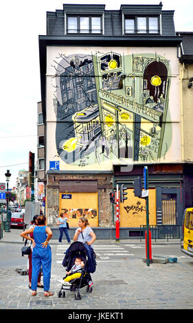 Bruxelles, Belgio. Murale su Fumetto percorso: 'Monsieur Jean' (Dupuy e Berberian, 2002) all' angolo di rue des Bogards e Rue du Midi / Bogar Foto Stock