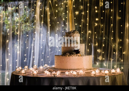 Decorazioni per matrimoni e una fetta di torta Foto Stock