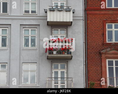 Fiori di colore rosso nella finestra casella al balcone sulla facciata appartamento Foto Stock