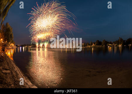 Fuochi d'artificio sul fiume Ticino in una serata estiva con il paesaggio sullo sfondo, finale della mostra Foto Stock